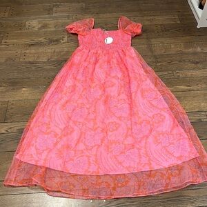 NWT Staud Barbiecore Pink and Orange Smocked Puff Sleeve Organza Gown